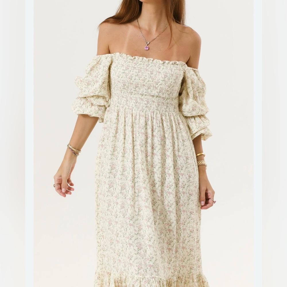 Off-Shoulder Cream Floral Maxi Dress